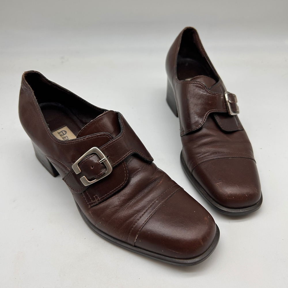 Etienne Aigner Accelerate Brown Leather Monk Strap Block Heels Womens 5.5M